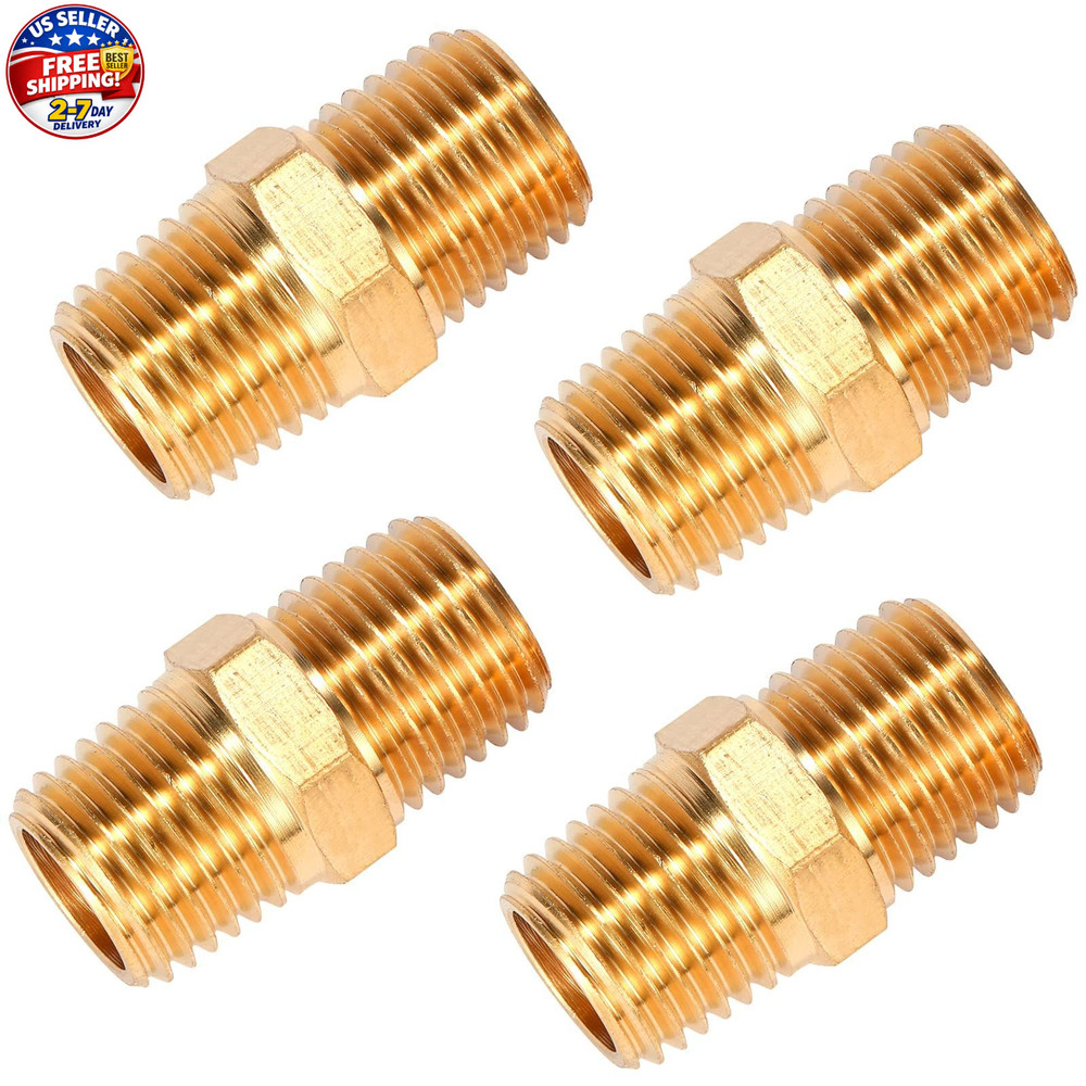 4 pcs Solid Brass Pipe Fitting, Hex Nipple, 1/4" x 1/4" NPT Male Pipe Adapter