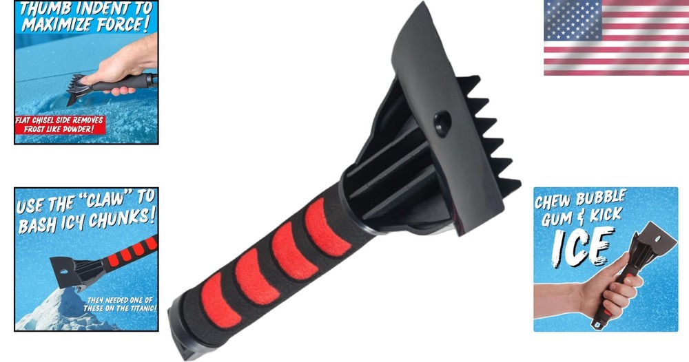 Compact Car Ice Scraper - Frost & Chunk Remover with Claw and Chisel Sides