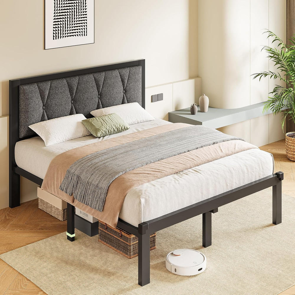 Queen Size Bed Frame with Button Tufted Headboard, Linen Upholstered Platform Be