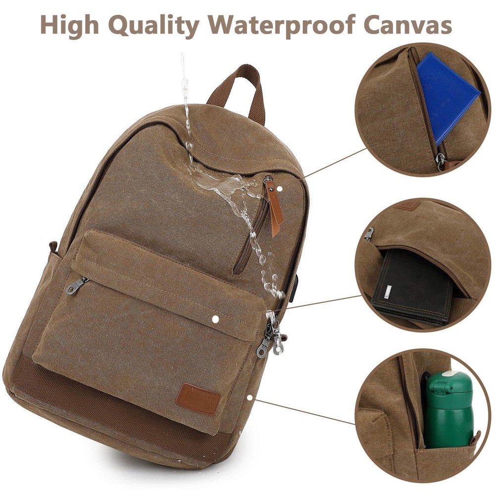 UNIWALK Canvas Backpack, Waterproof computer Backpack with USB Coffee
