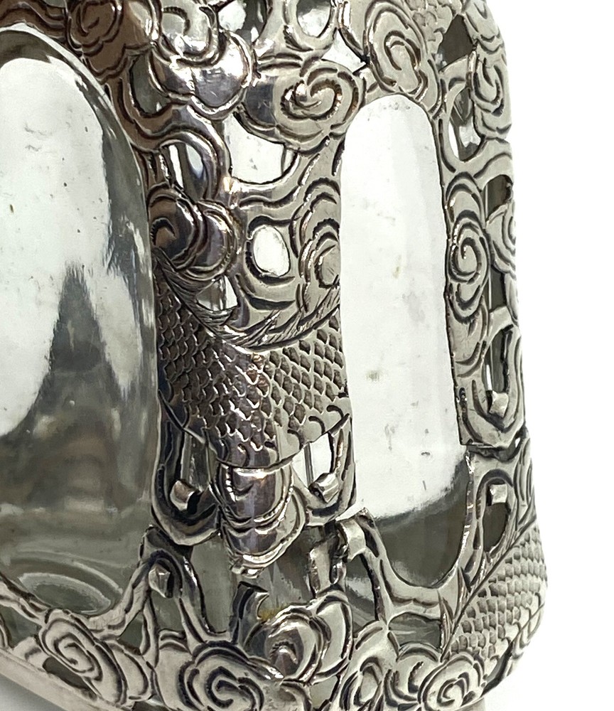 Antique Asian Signed Silver Overlay Dragon Pattern Bitters Bottle 5” 143g