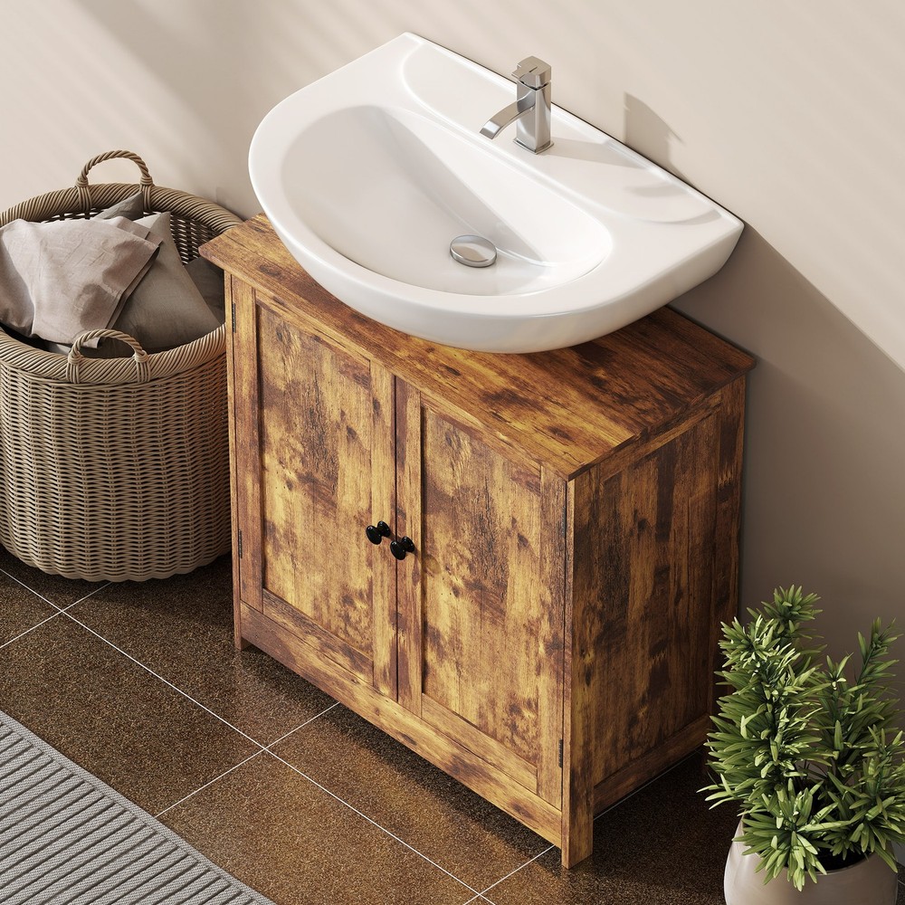 Under Sink Bathroom Cabinet with 2 Doors and Shelf, Rustic Brown