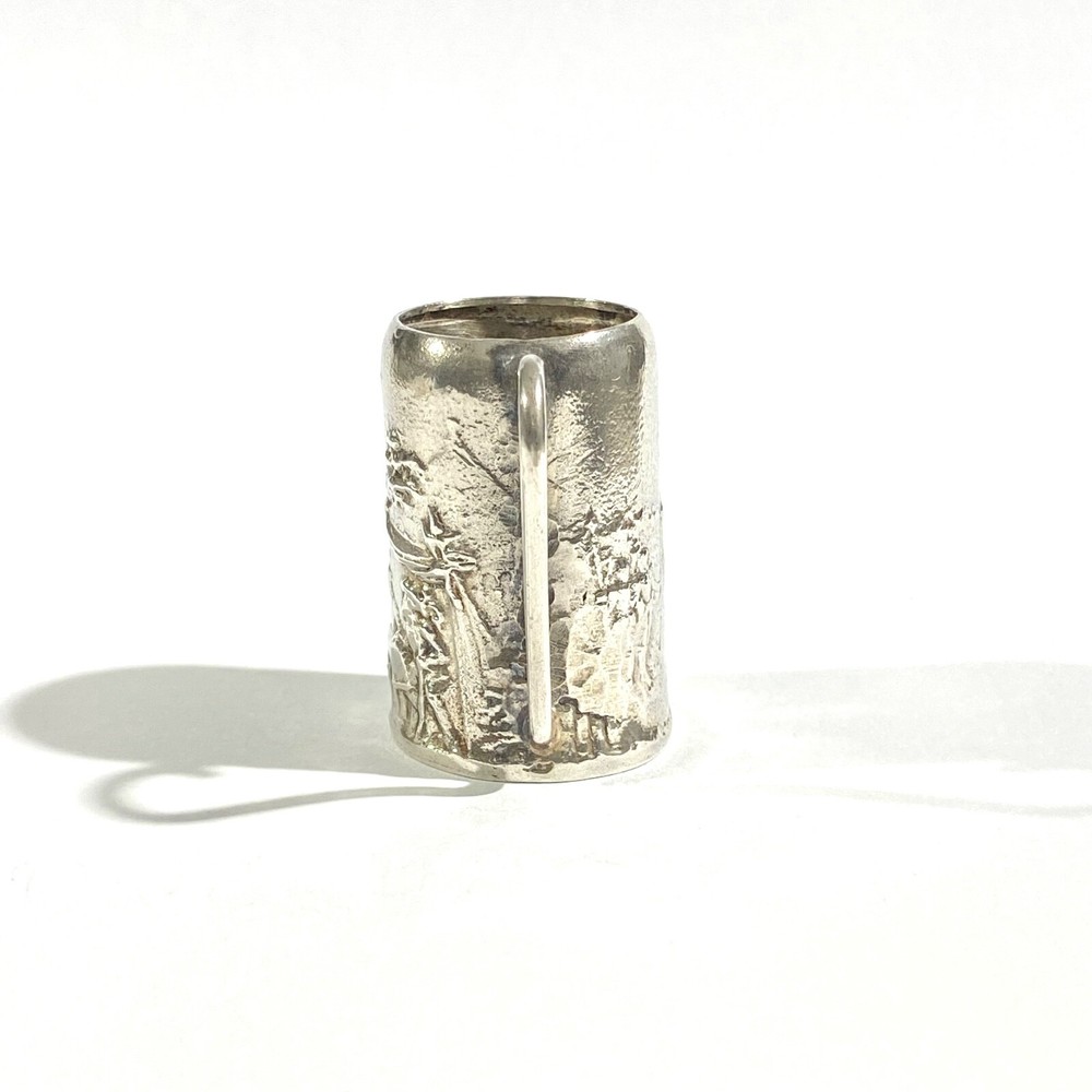 vintage heavy solid silver beer mug miniature with ancient scenes, hallmarked