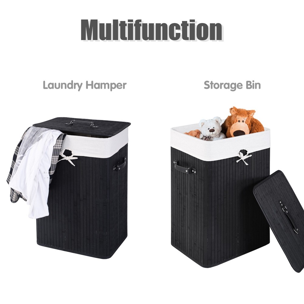 Costway Rectangle Bamboo Hamper Laundry Basket Washing Cloth Bin Lid Black