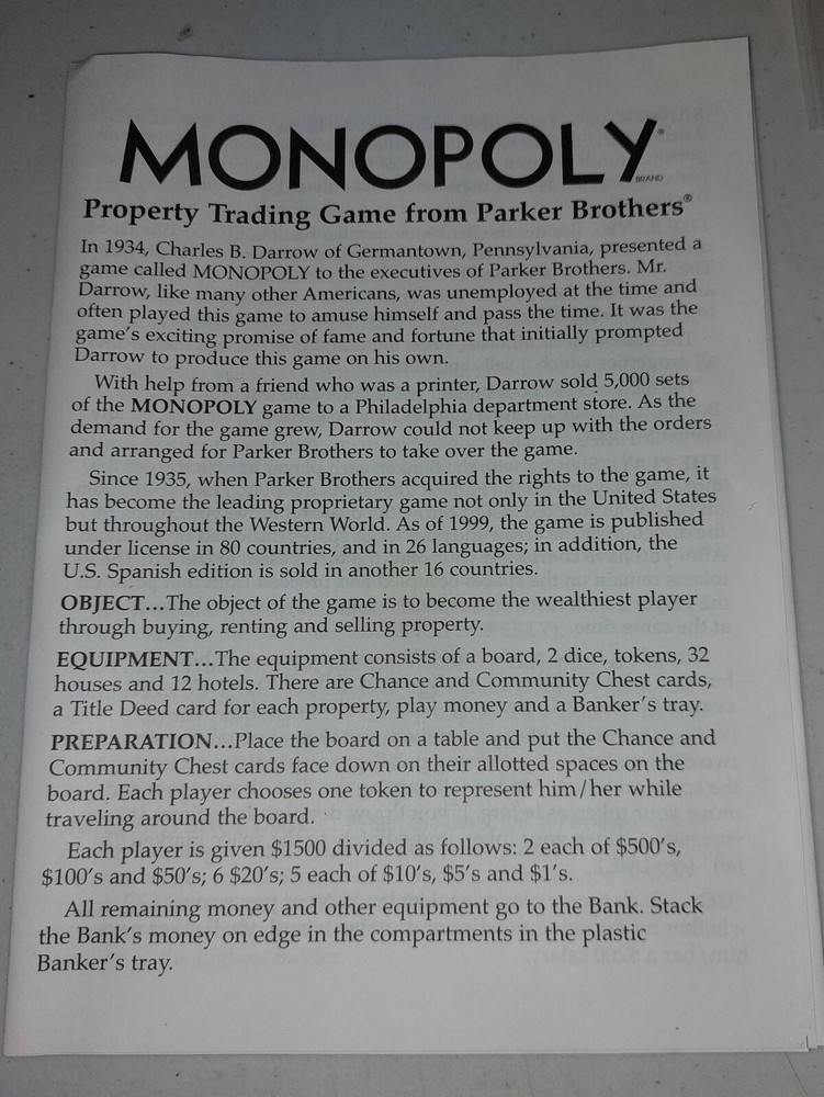 Monopoly 65th Anniversary Game Pieces and Instructions