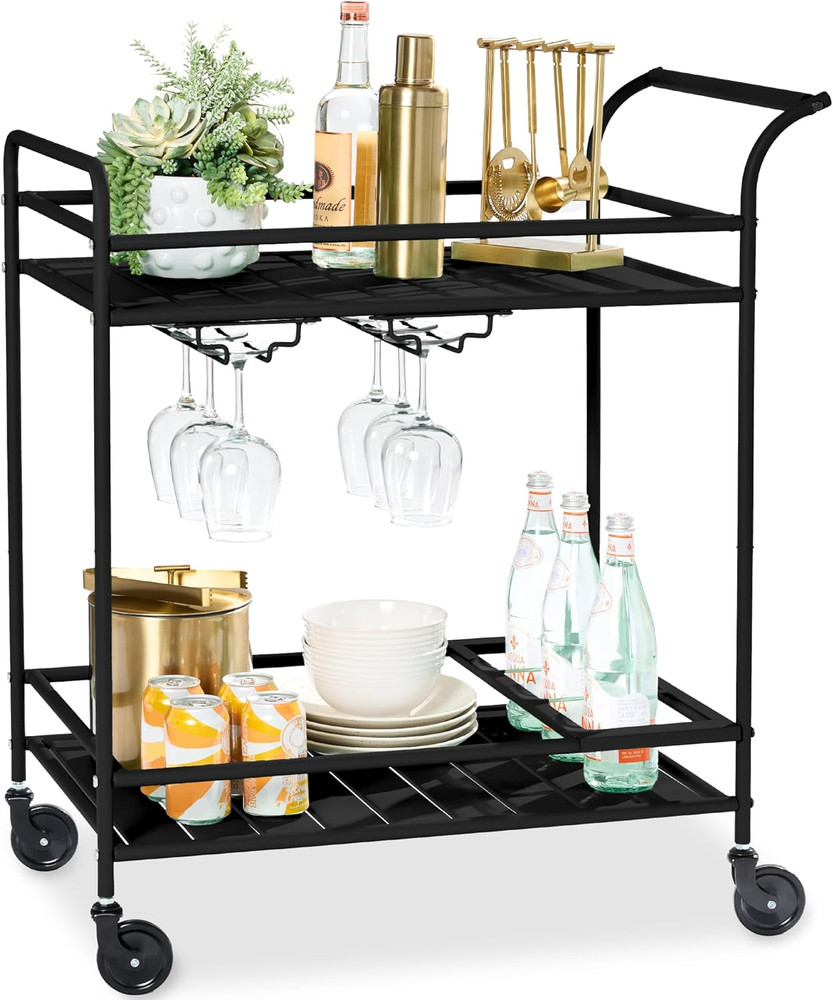 Stylish Rolling Bar Cart with Wine Rack & Lockable Wheels - Black