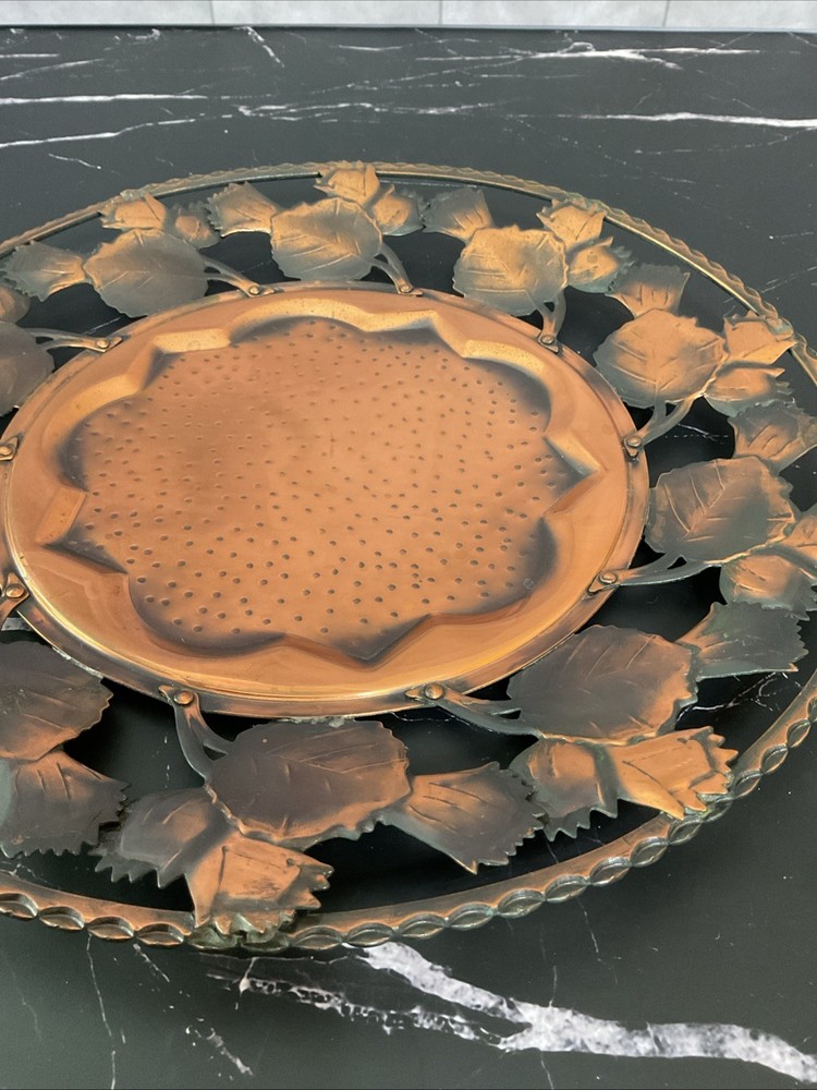 Vintage Copper Platter Bowl With Leaf Design,EUC