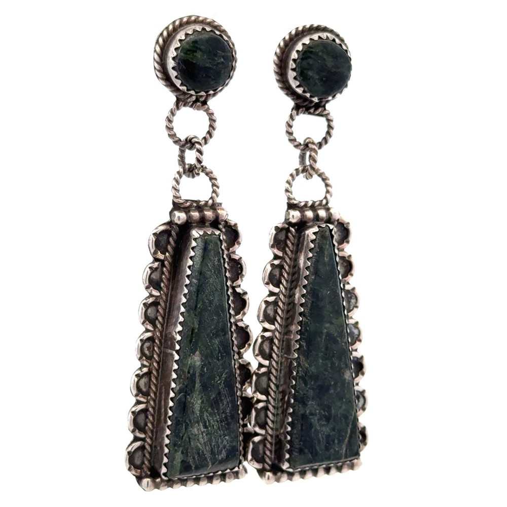 Native American 925 Sterling Silver Long Seraphinite Dangle Statement Earrings