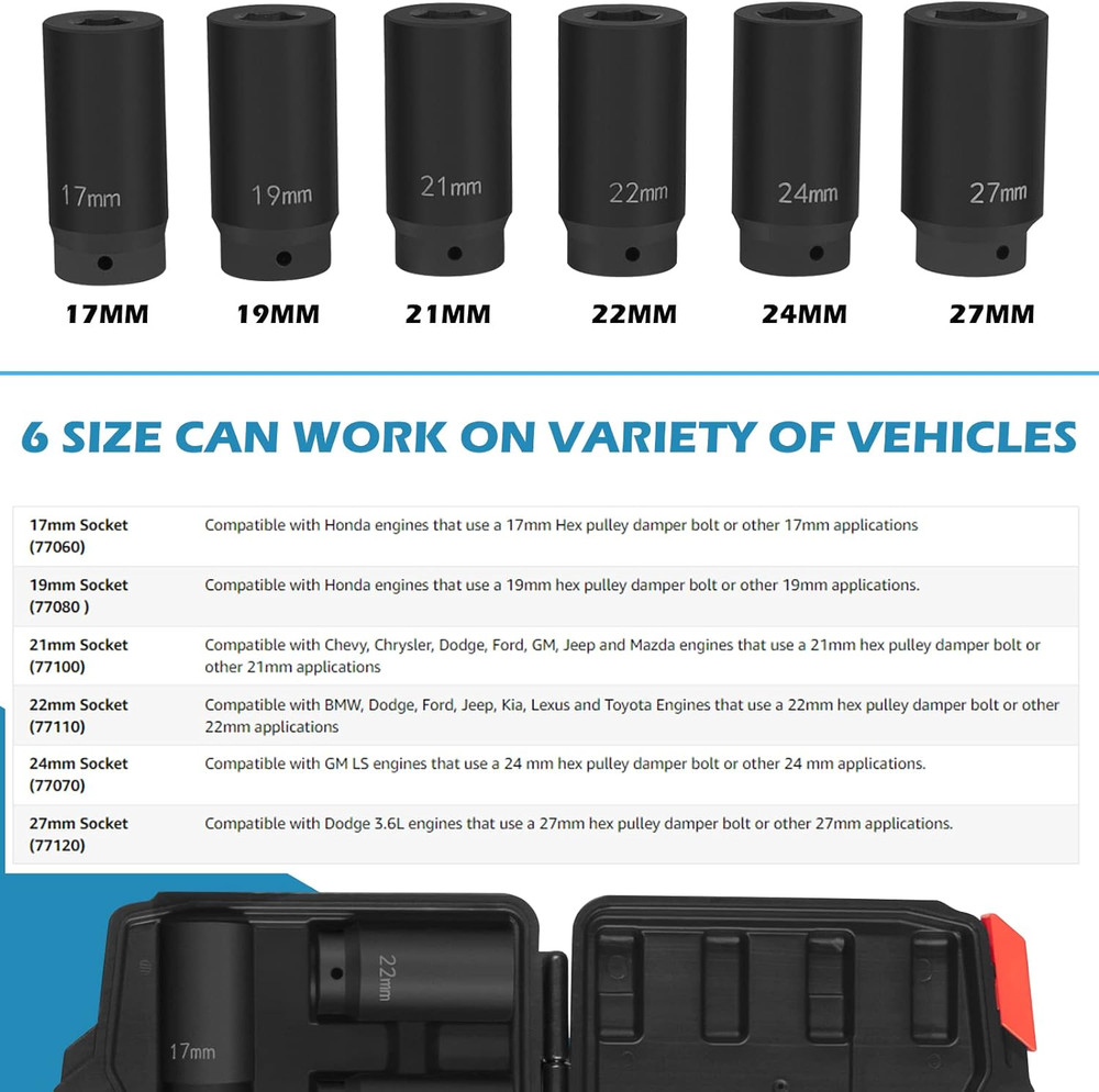1/2" Drive Crank Bolt Socket Set 17MM - 27MM Harmonic Balancer Socket Set Bolt R