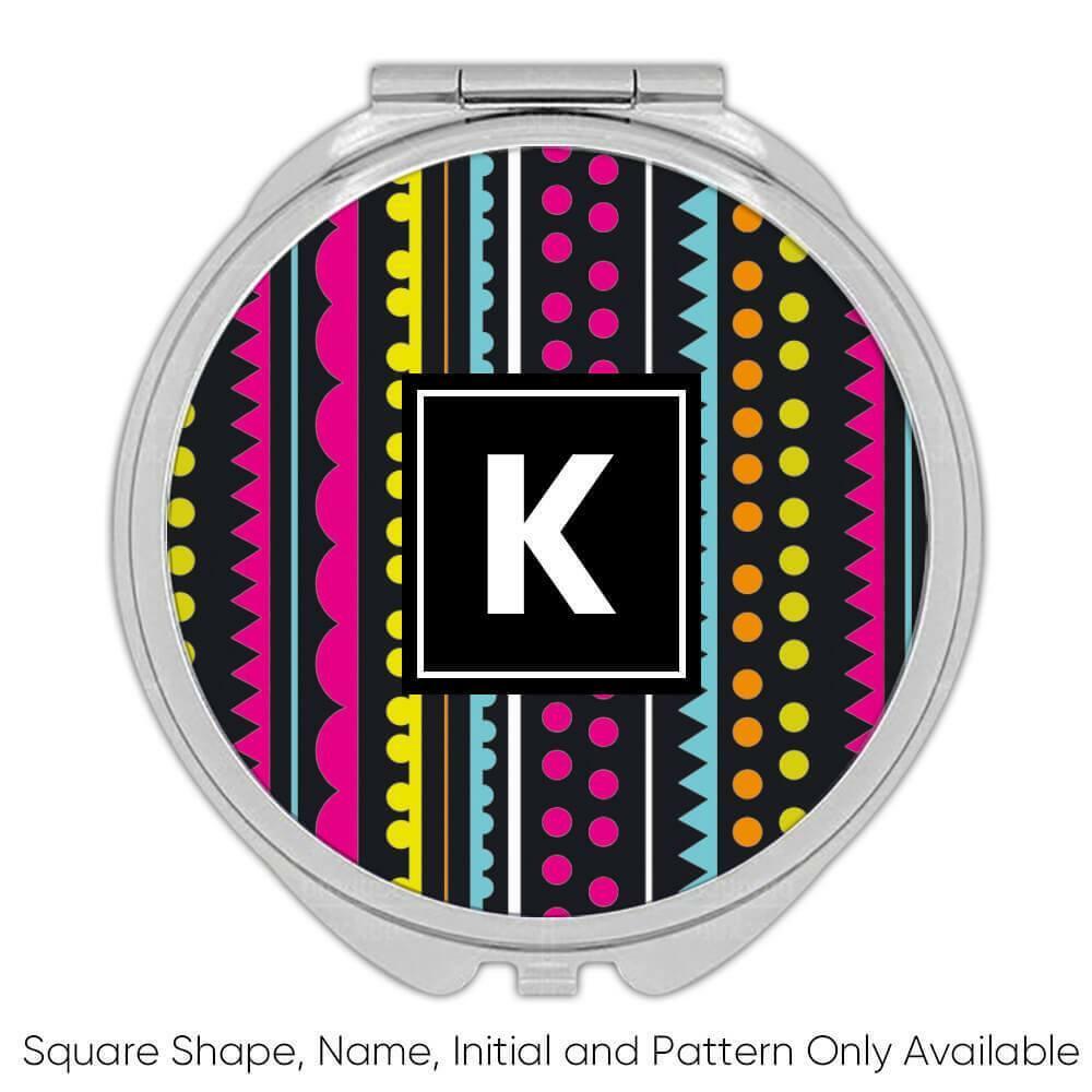Gift Compact Mirror : Tribal Dots Black Pink Neon Decor Modern Abstract Pattern