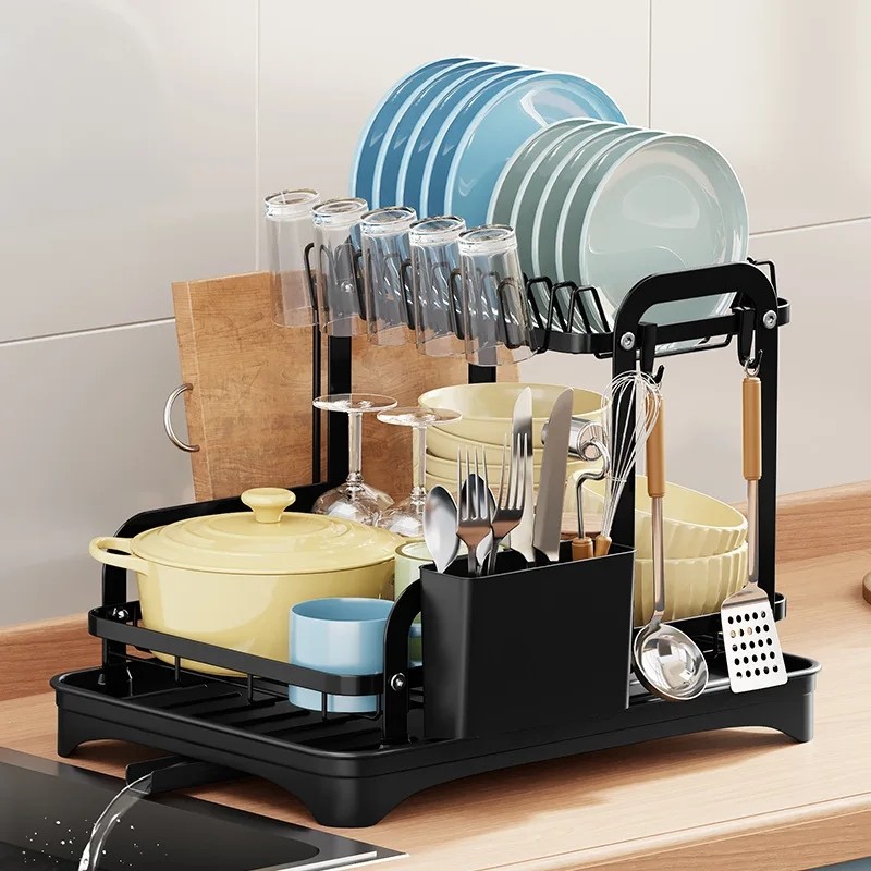 2 Layer Dish Drying Rack Space-Saving Dish Rack for Kitchen Drainer Drainboard