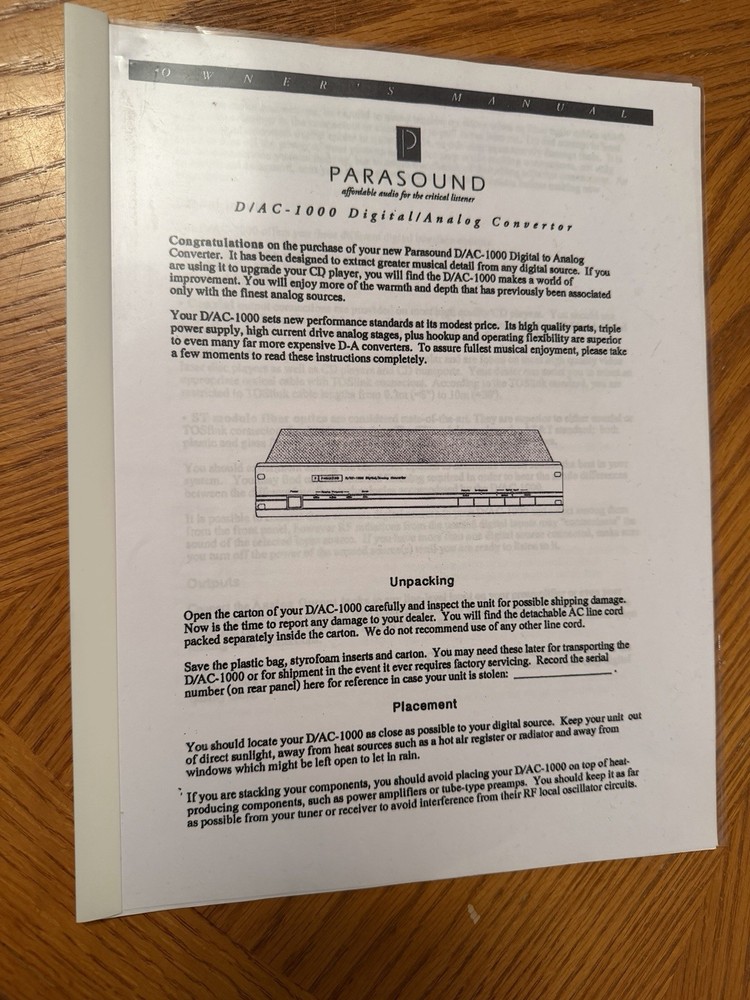 Parasound D/AC-1000 Digital Analog Converter Sampling Frequency Black Universal