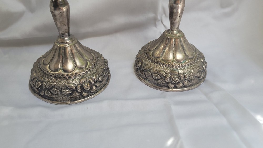 Two 13" Aztec Rose silver plated candlesticks rustic, heavy. unmarked