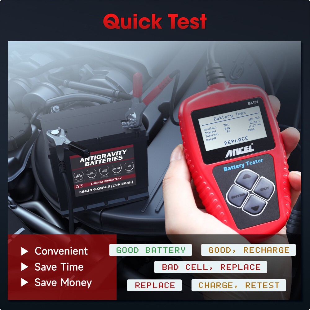 ANCEL BA101 12V 100-2000 CCA Car Load Battery Tester Digital Battery Analyzer US