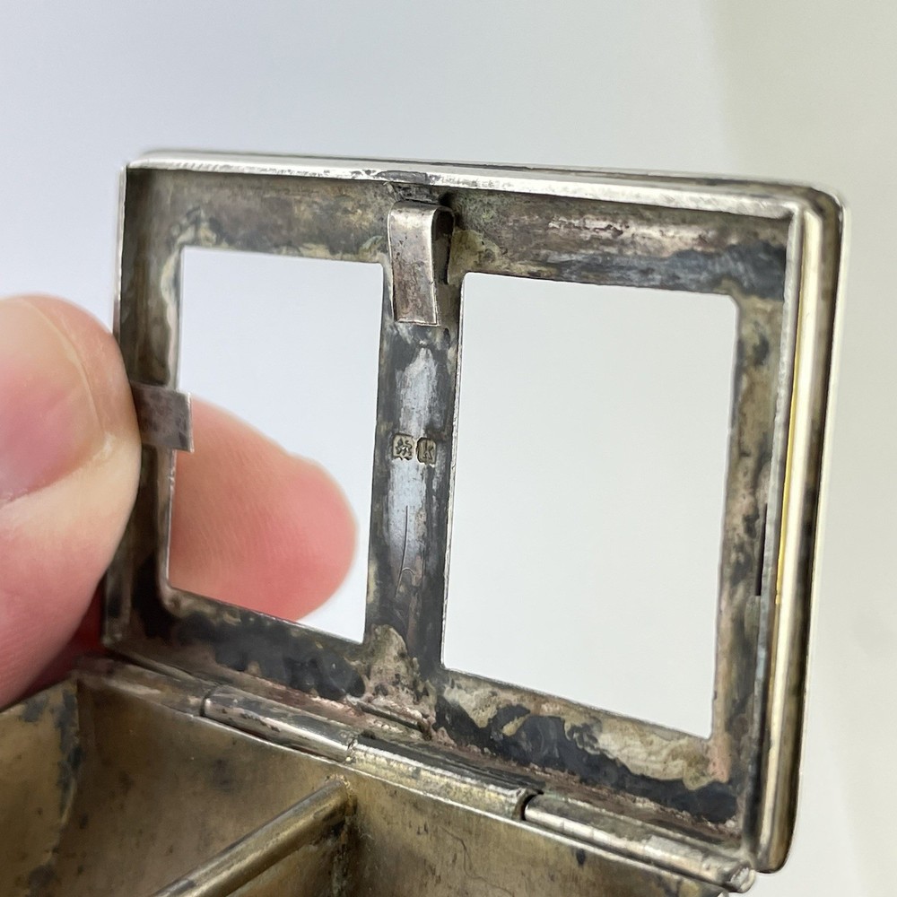 Antique Solid Sterling Silver Double Stamp Case / Box 1909 5.5cm Glass Missing