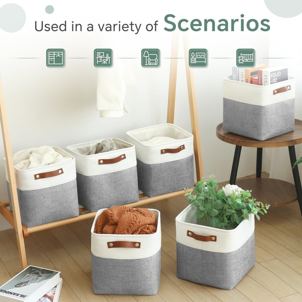 Cube Storage Baskets 6 Pack, 11x11 inch Cube Storage Bins with Leather Handle...