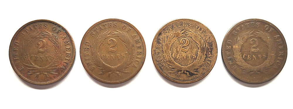 1866, 1869, 1870 & 1871 Two Cent Pieces