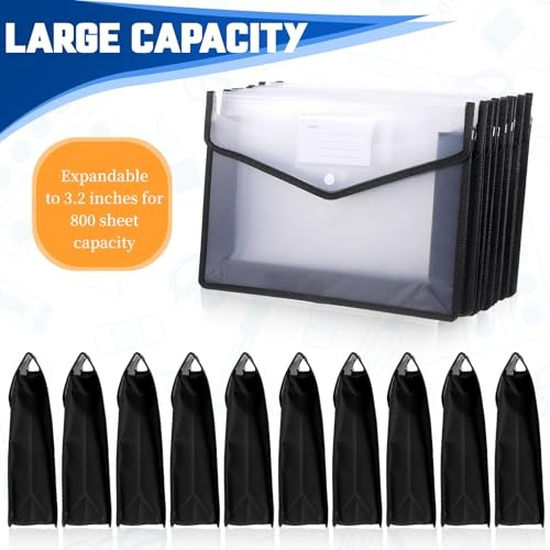 10-Pack Plastic File Folders Expanding Document Organizer with Snap Closure,