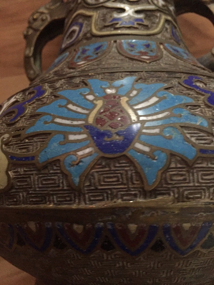 Antique Cloisonne Bronze Dragon Ear Jar