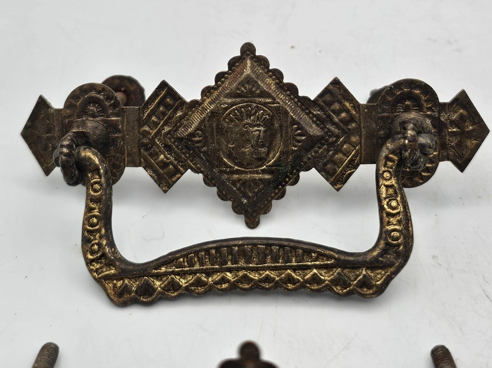 Antique Pressed Brass Drawer Pulls Ornate Gothis Style ~ 2 Pairs