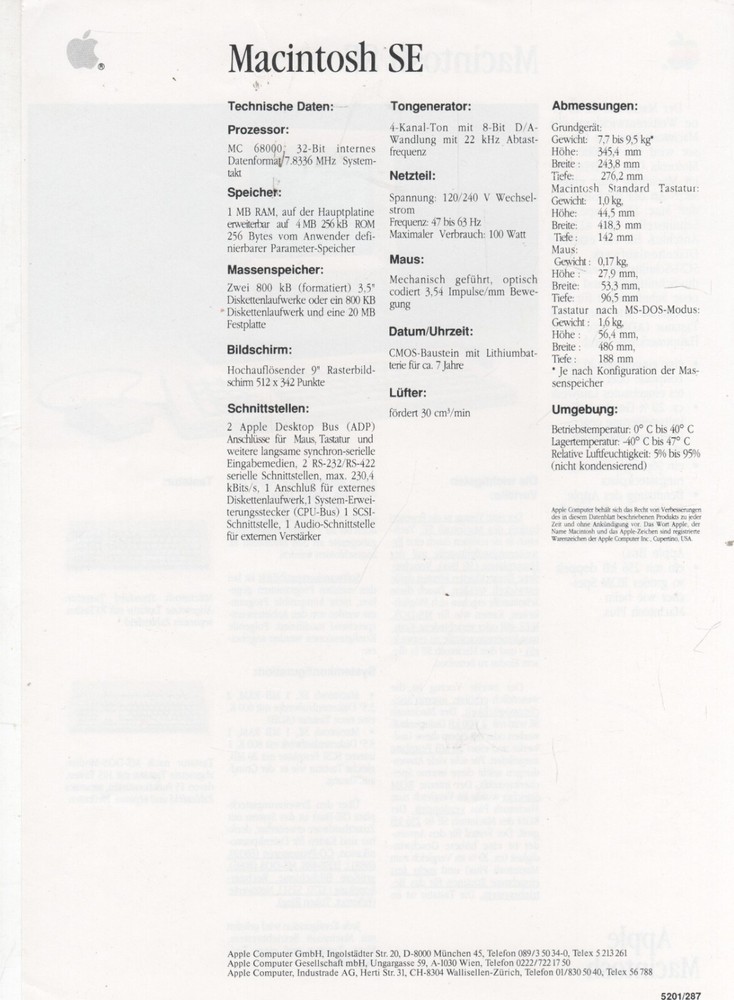 ITHistory (1987) APPLE DATASHEET: Macintosh SE (German) OF