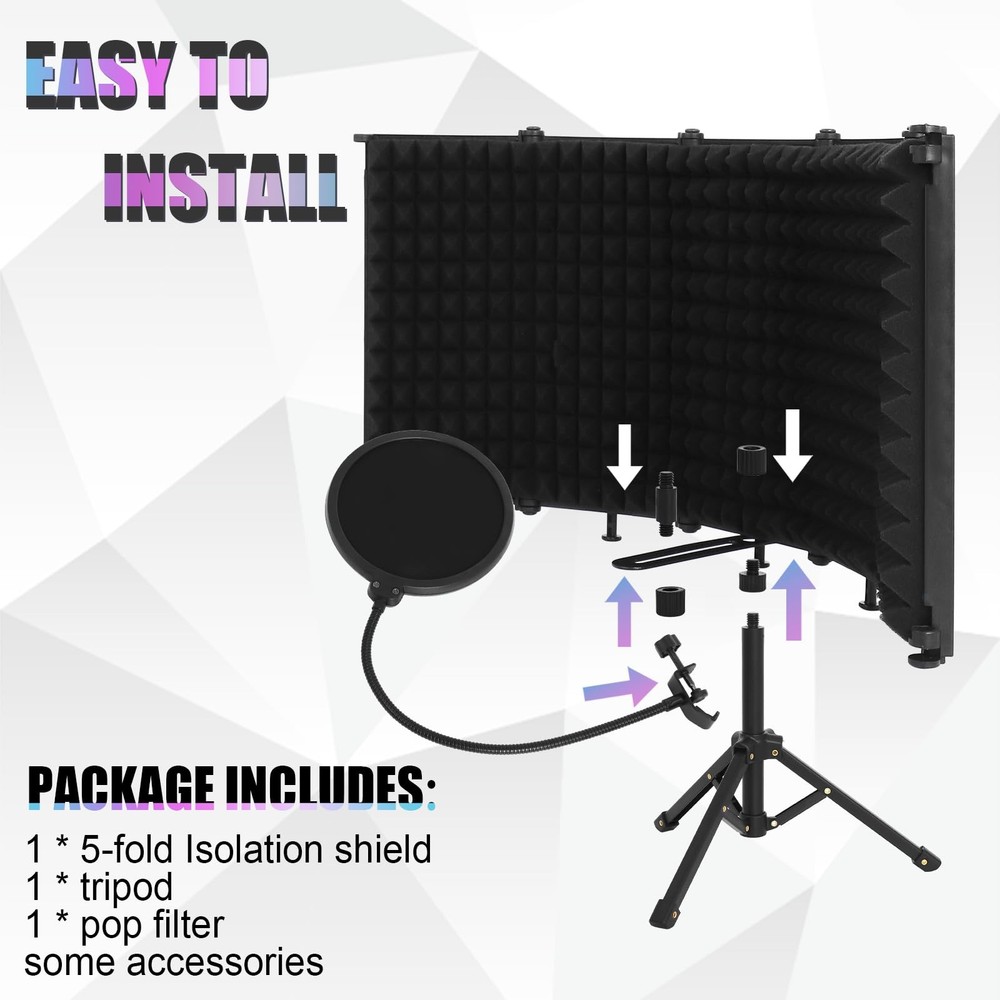 5-Panel Microphone Isolation Shield with Pop Filter and Tripod Stand