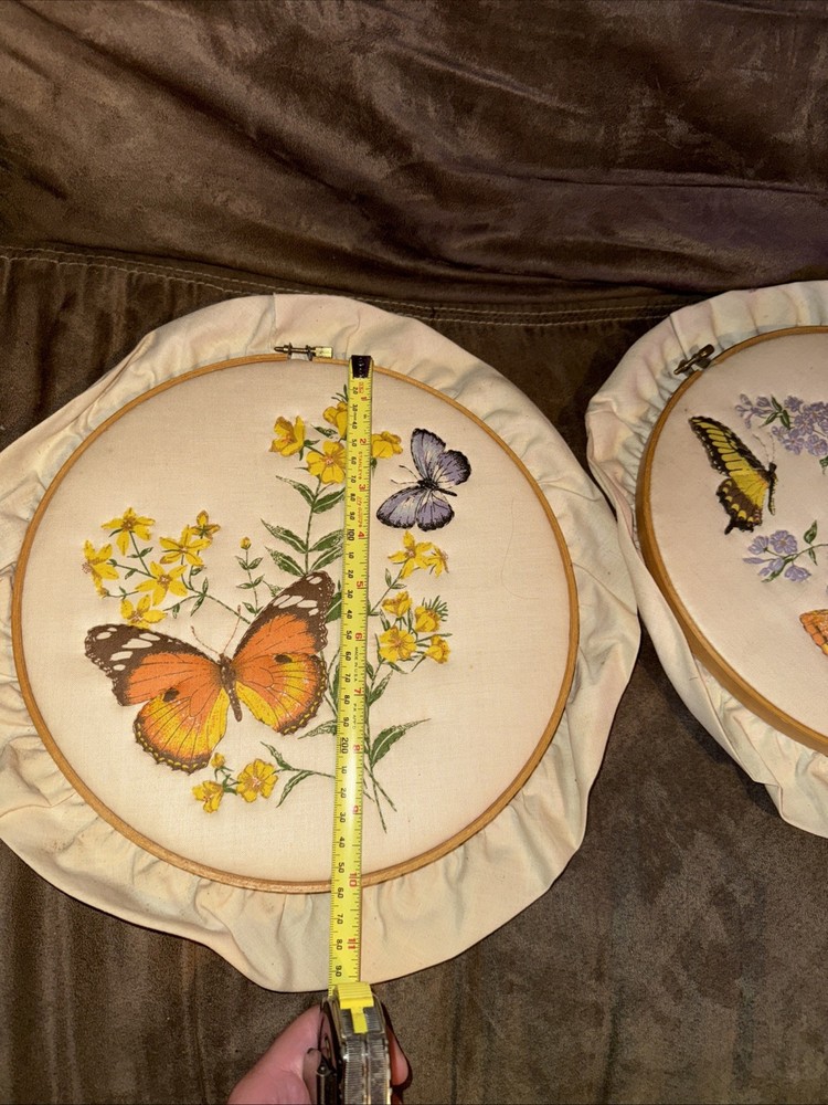 Three Embroidery Hoops With Finished Pieces
