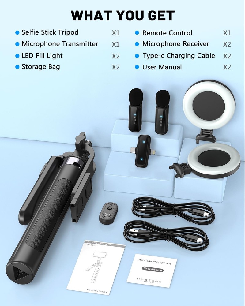 Vlogging Kit for iPhone/Android, 71" Selfie Stick Tripod iPhone Black