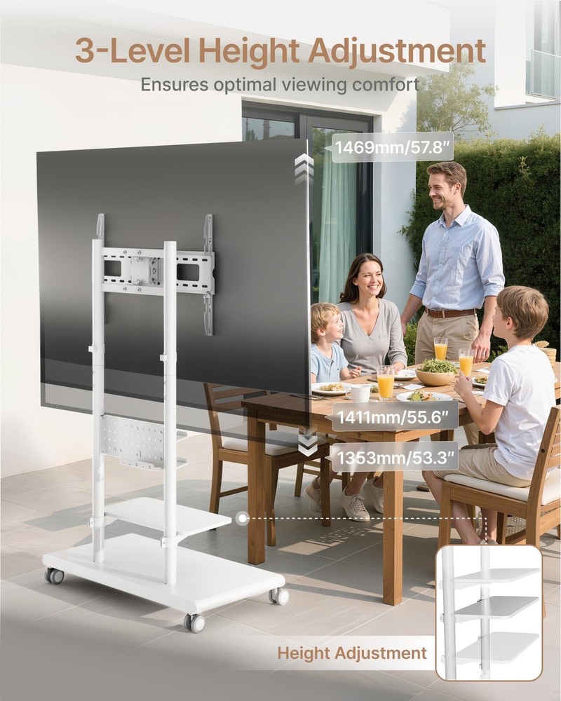 ECOTINY Rolling TV Stand with Versatile 50-90 Inch Pegboard, White