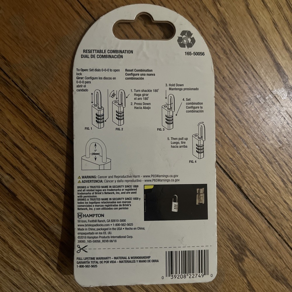 BRINKS 3-Dial Resettable Combo Keyless Easy-to-Use Security Padlock #165-50056