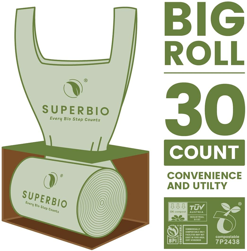 SUPERBIO 13 Gallon Compostable Handle Tie Trash Bags, 30 Count, 2 Pack
