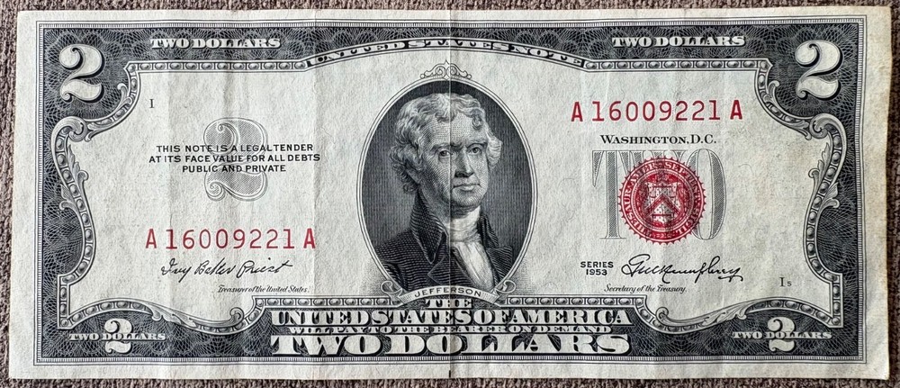 Red seal note: $2 1953 series, circulated
