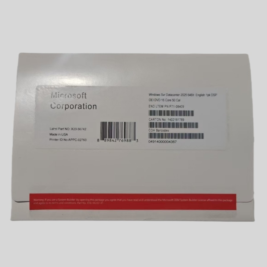Microsoft Windows Server 2025 Datacenter 64Bit 16 Core 50 CALs DVD & Key Sealed