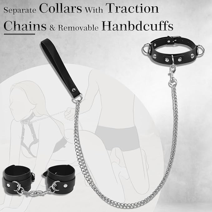 BDSM Adjustable Breast Harness Restraint Set - PU Leather Collar Chain Handcuffs