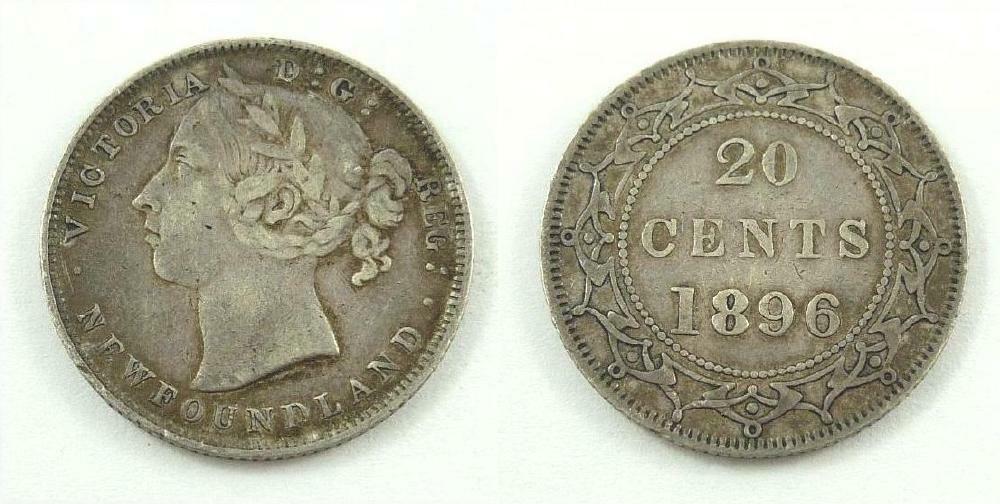 1896 Newfoundland (Canada) 20 Cents Silver Coin - Queen Victoria