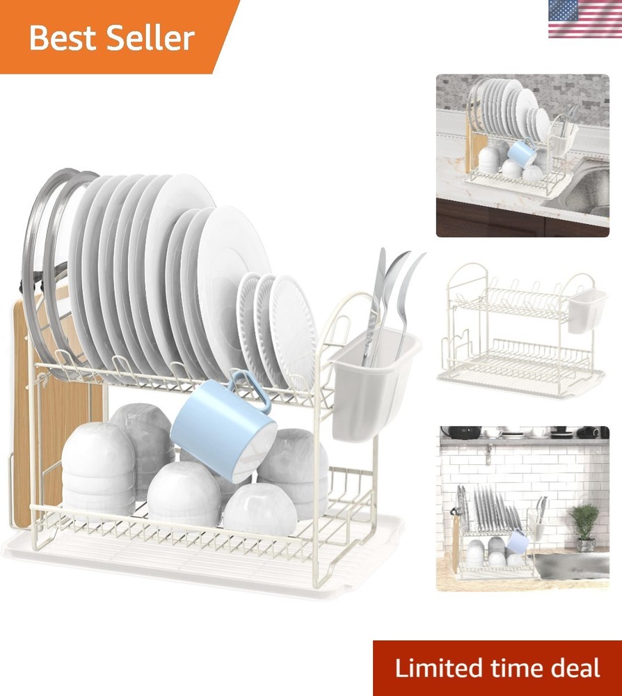 Rust Resistant 2-Tier Dish Drying Rack with Detachable Cutlery Bucket - White