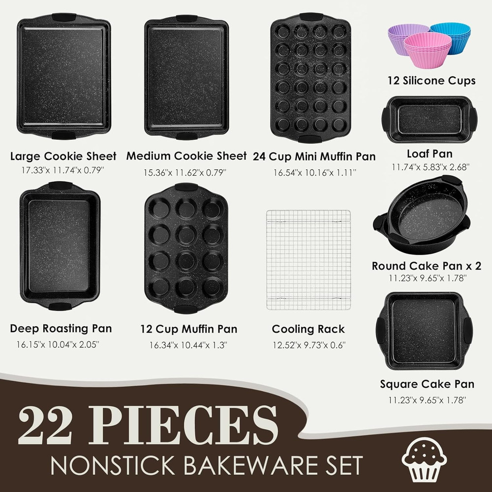 Baking Pans Set Nonstick, Bakeware Sets Stackable with Silicone Handles, 22 Pie