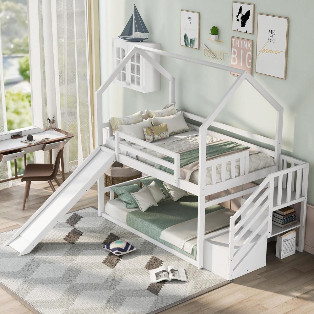 Twin over Twin Bunk Bed with Convertible Slide Staircase Solid Wood Construction
