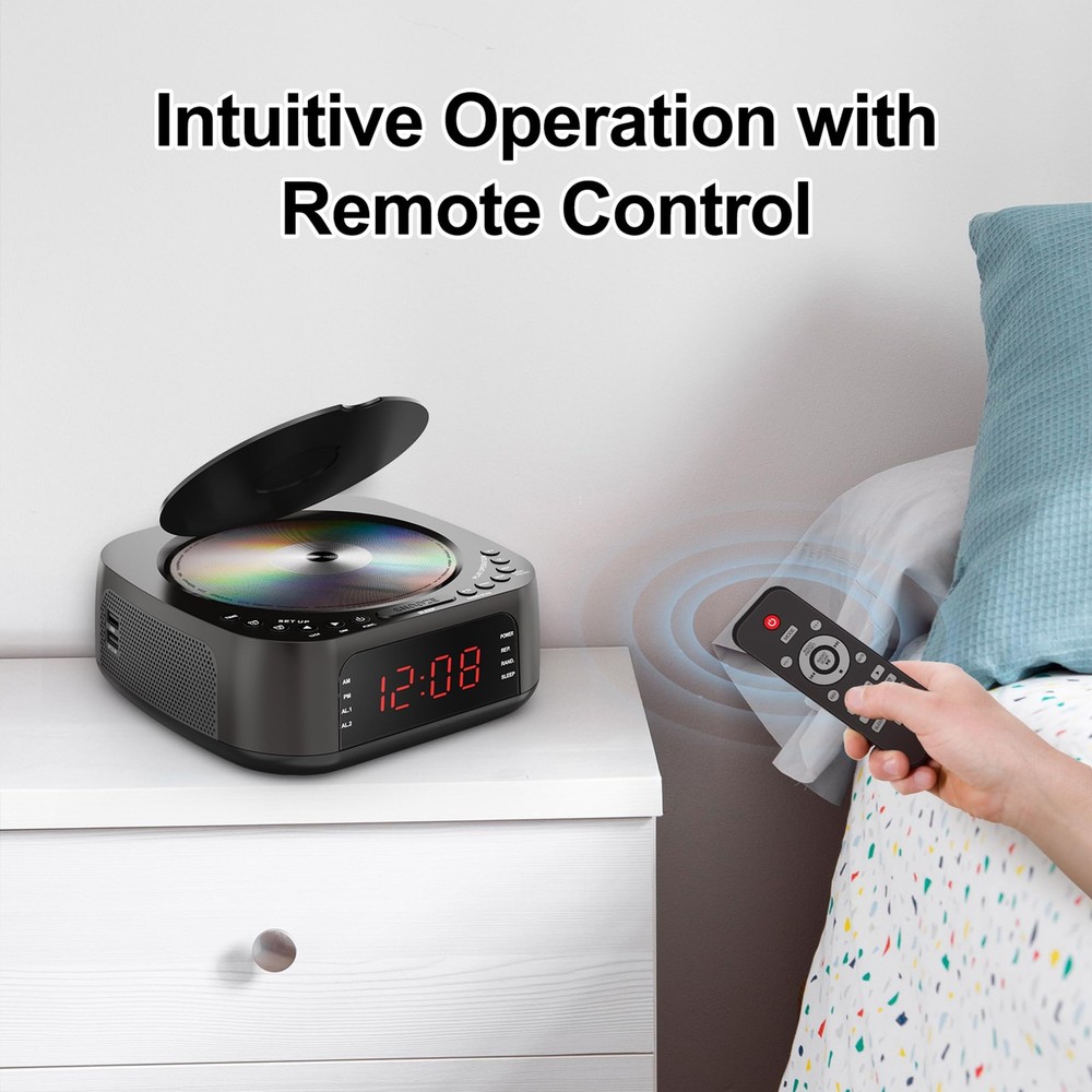 CD Player Alarm Clock with Remote:CD/MP3,Bluetooth,FM Radio with Speakers,USB...