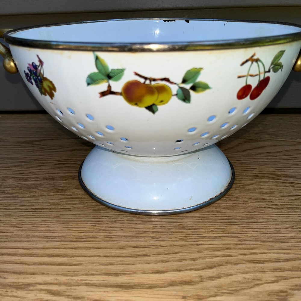 Vintage White Colander Strainer Handles Fruit Cherries Design