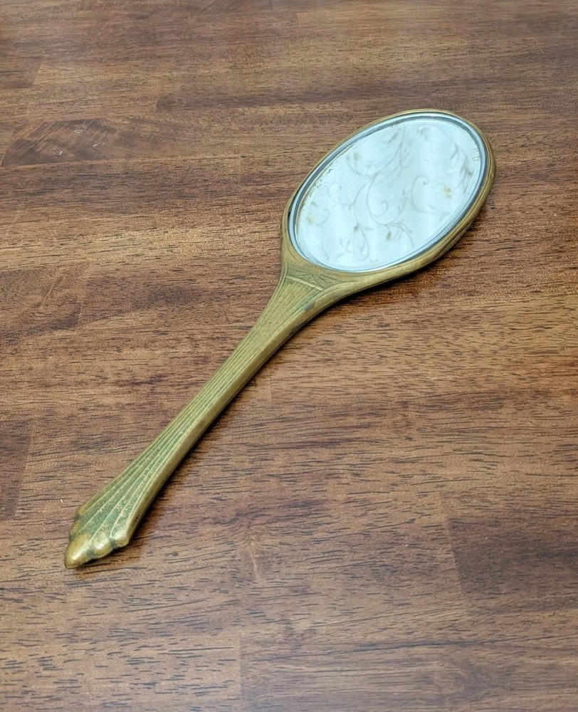 Antique Victorian Hand Held Vanity Mirror Engraved Initials