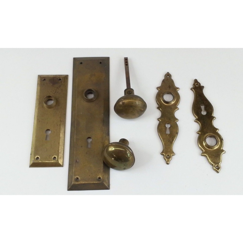 6 Piece Vtg Brass Door Set Handle Plate Frame