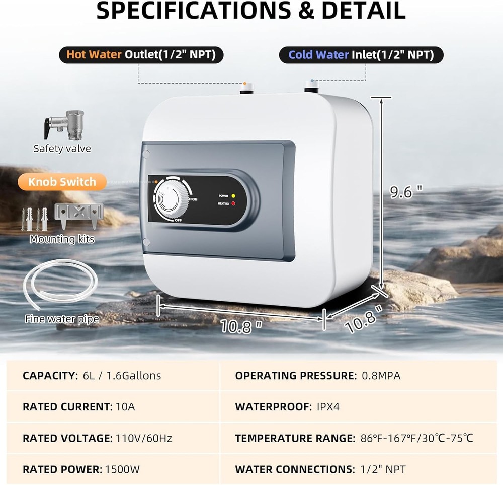 1.6 / 2.64 / 4/6 Gallon Under Sink On Demand Electric Mini Tank Hot Water Heater