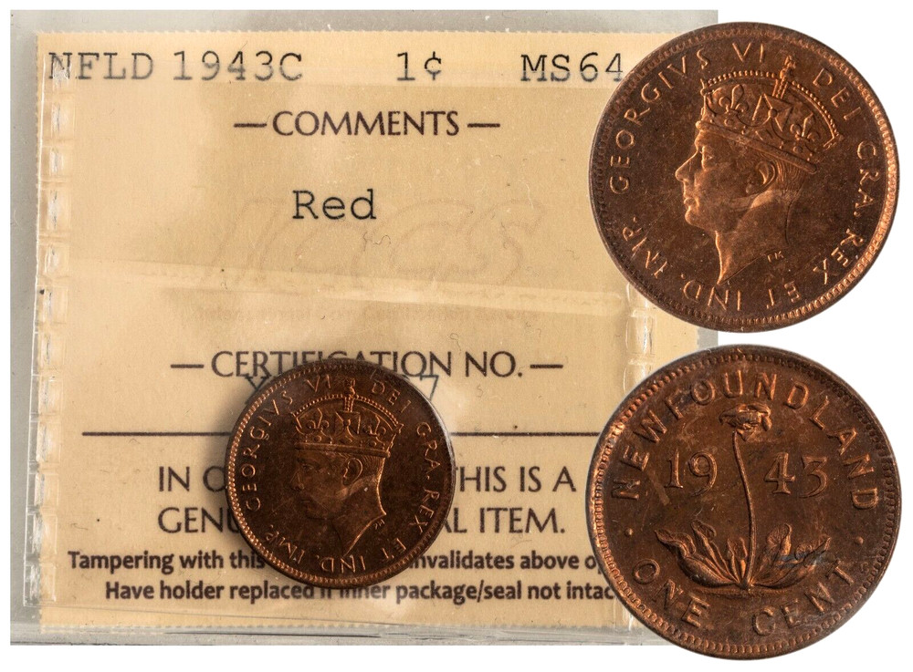 Canada. Newfoundland 1943-C Small Cent ICCS MS-64 Red! KM-18