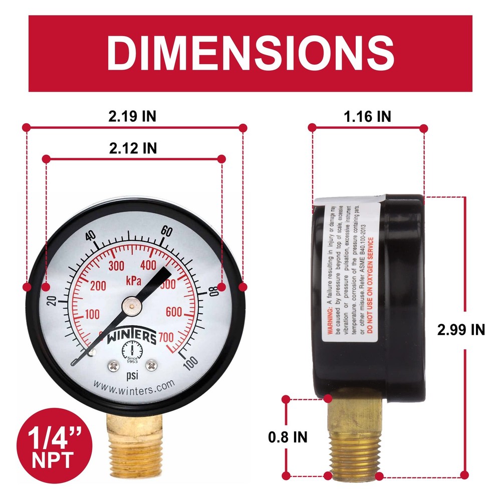 Winters 2 inch Dial Size, Multi Function Economy Utility Dry Pressure Gauge, ...