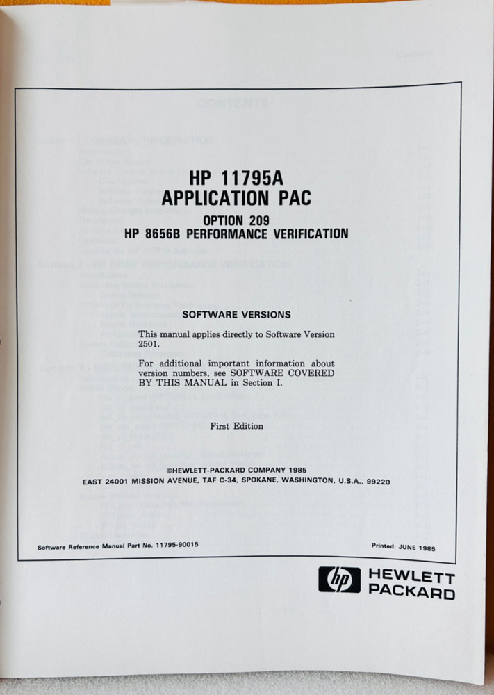 HP 11795-90015 Model 11795A Application PAC Opt 209 Software Reference Manual.