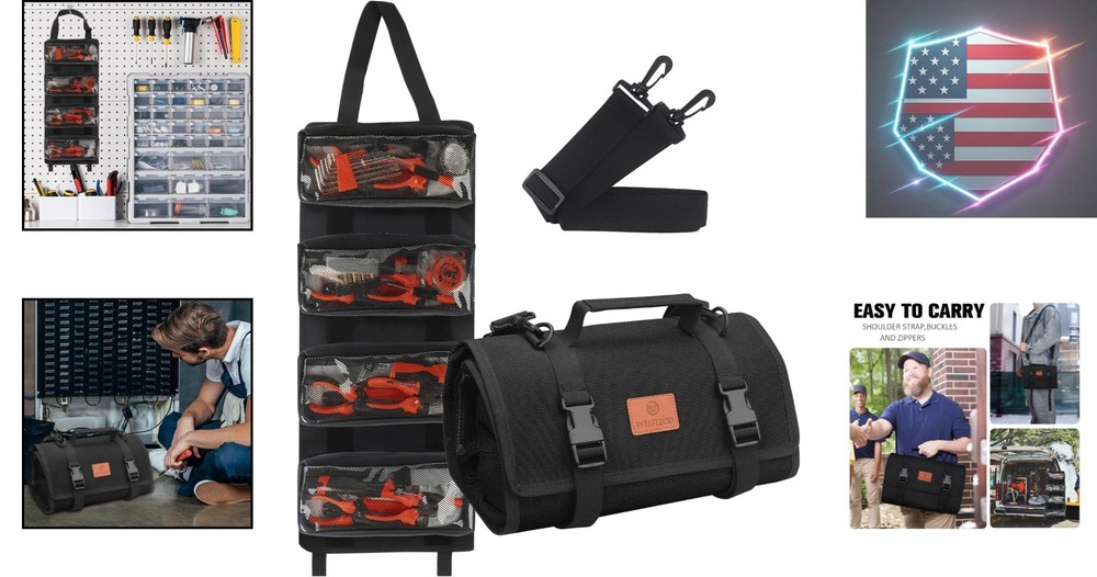 Tool Roll - Canvas Wrench Tool Organizer with 4 Pockets Black