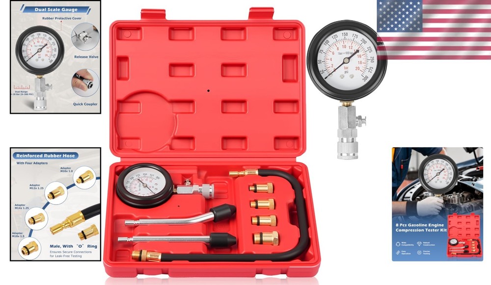 8-Piece Petrol Engine Compression Tester Kit - Accurate Diagnostics for Vehicles