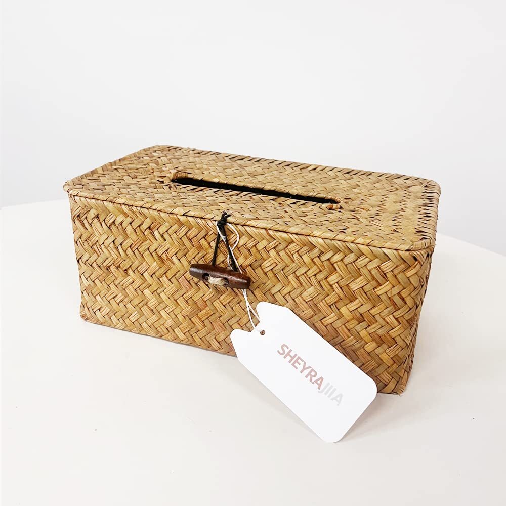 Rattan Woven Tissue Box Cover Vintage Wicker Rectangular Tissue Holder Decorativ