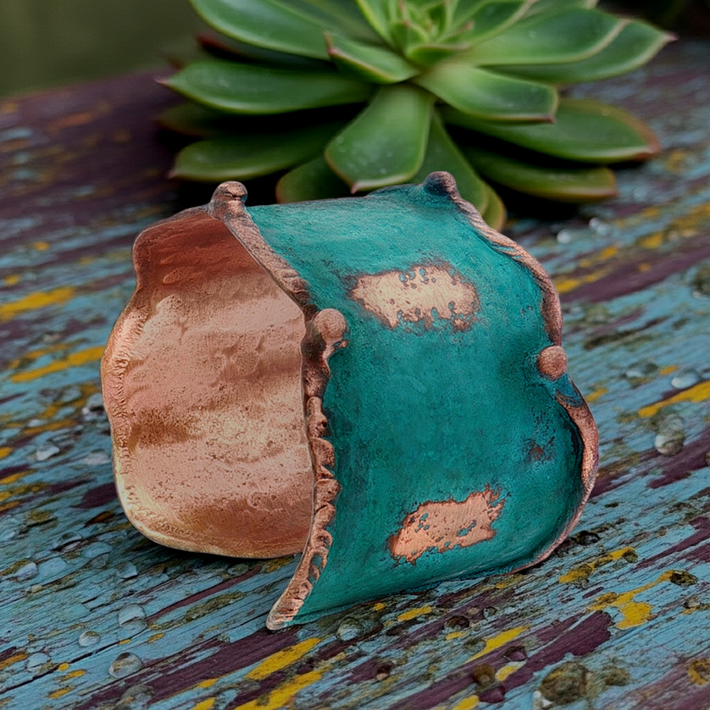 Solid Copper Rustic Patina Cuff Bracelet With Molten Edging & Verdigris Patina